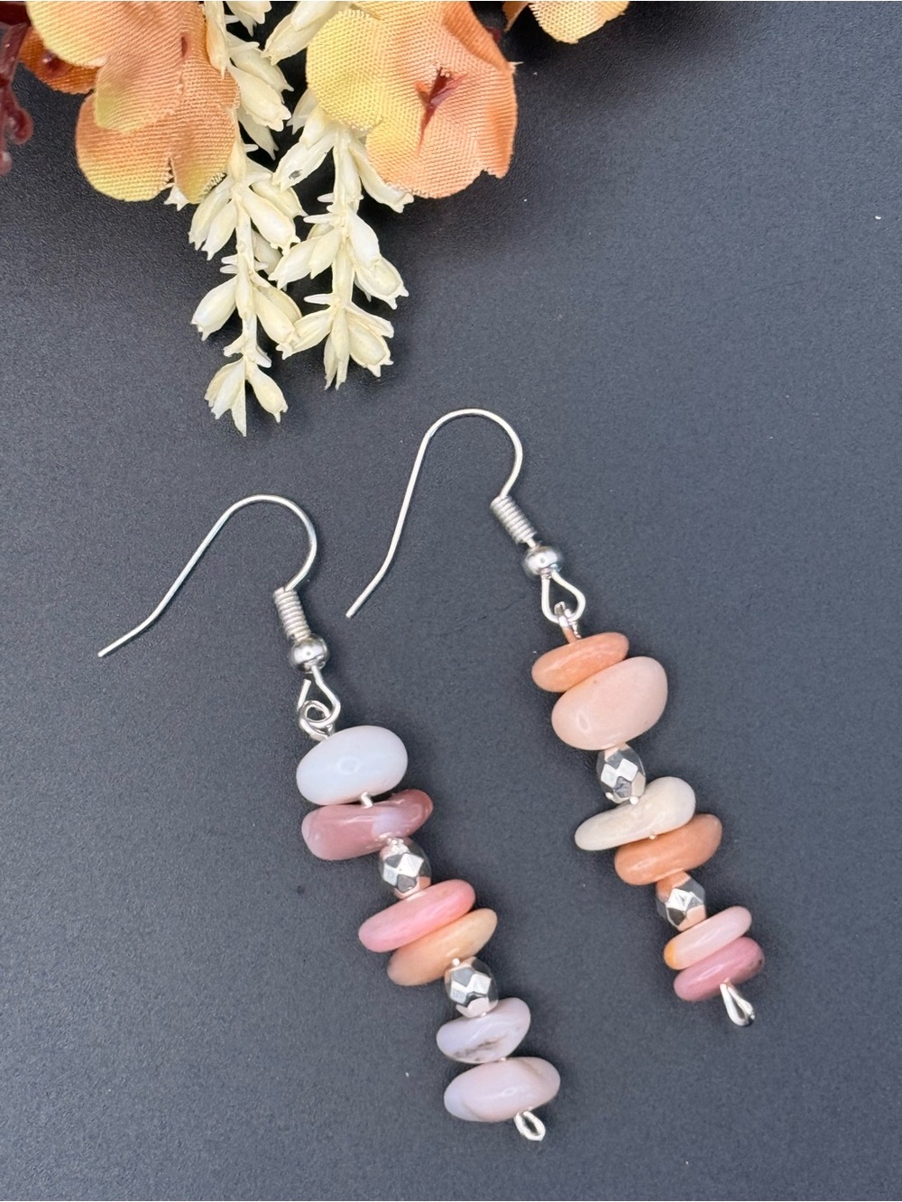 Handmade Pink Peruvian Opal Stack Bead Dangle Earrings